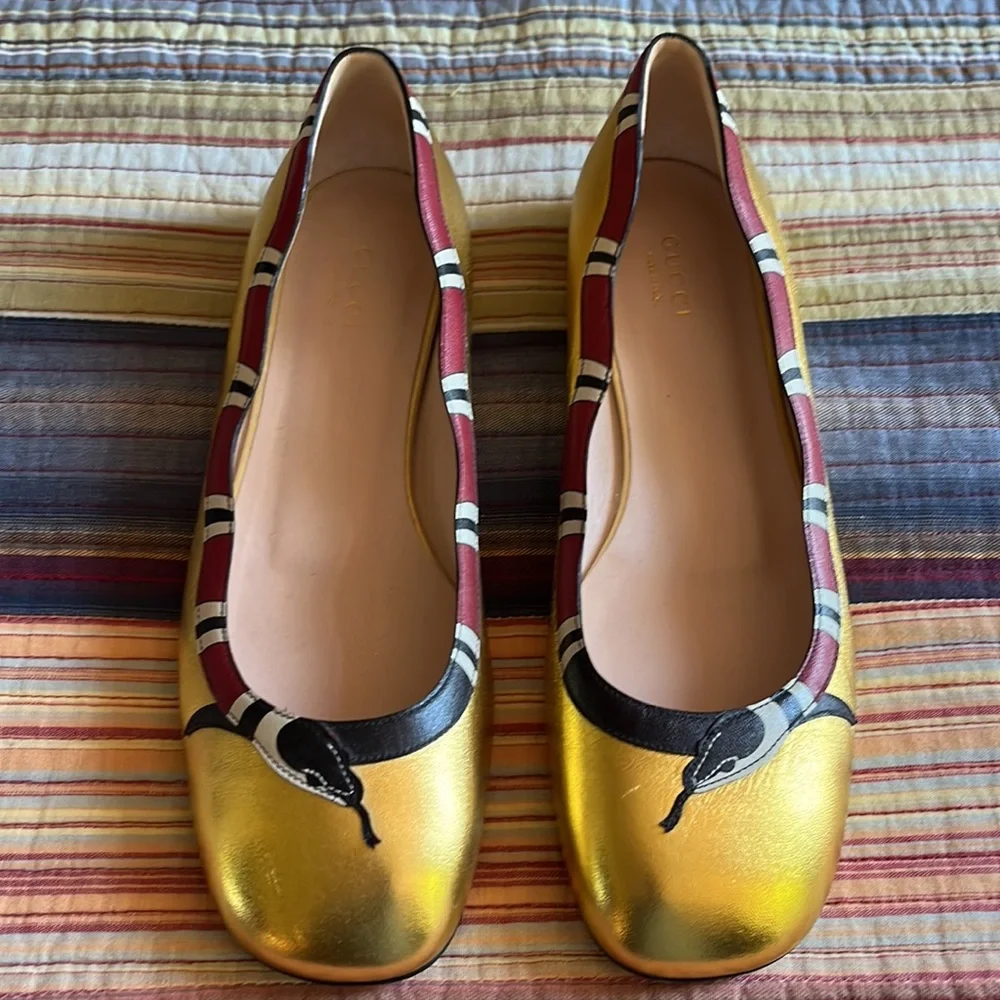 Gucci King Snake Ballet Flats, metallic gold, size 39EUC/9US - Picture 2 of 8